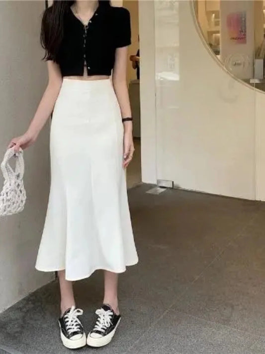 Plus Size Ice Silk Mermaid Skirt Set – Vintage Summer Beach Outfit for Women (Ages 25–35)