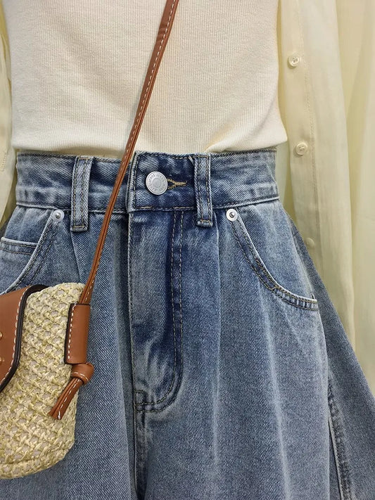 Korean Style High-Waist Wide-Leg Denim Skort – Retro A-Line Casual Jeans for Women (Summer Collection)