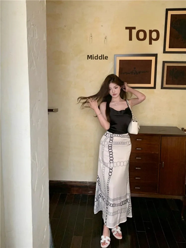 Women's Summer Satin Mermaid Skirt – Elegant High-End White Printed Long Skirt with Flattering Fit