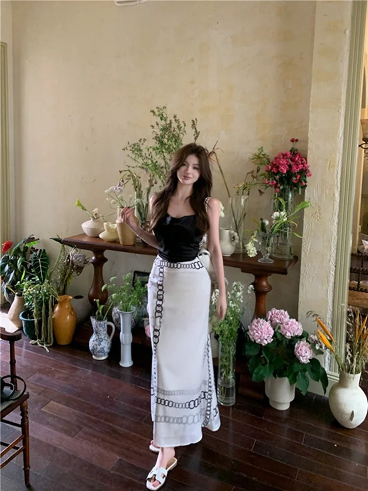 Women's Summer Satin Mermaid Skirt – Elegant High-End White Printed Long Skirt with Flattering Fit